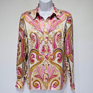 INC 100% Silk Pink Floral Paisley Button Up Top Blouse Long Sleeve Women Size 6